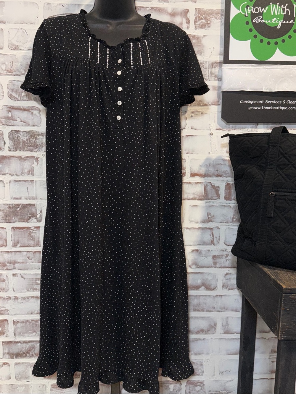 Secret Treasures Black Nightgown with White Polka Dots